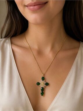 Green Teardrop Cross Pendant Necklace  Gold plated